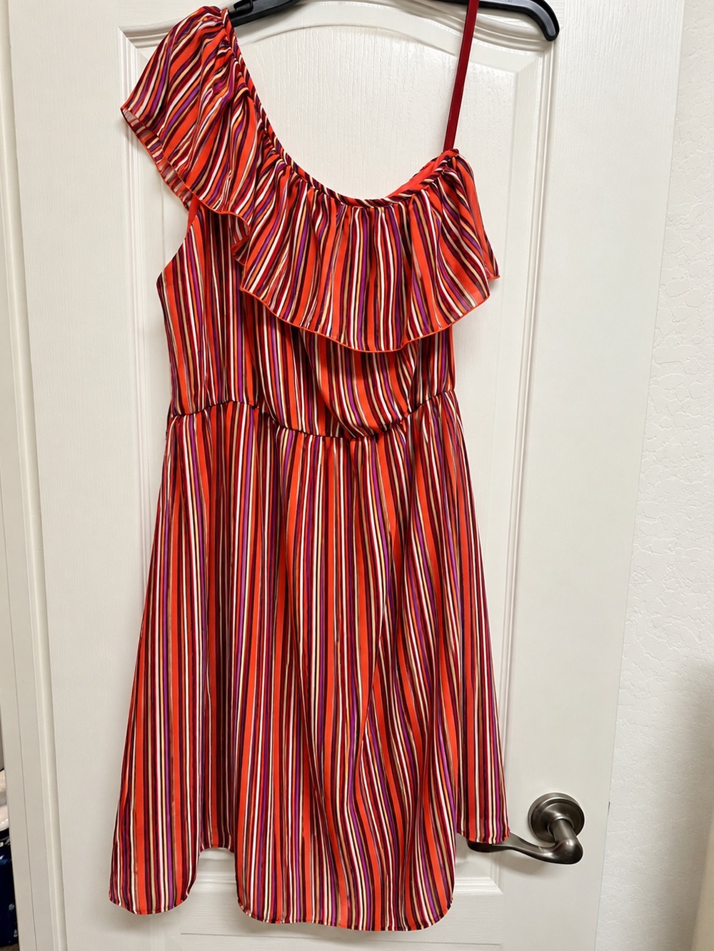 Bisou Bisou Red Multi-Stripe One-Shoulder Ruffle Dress